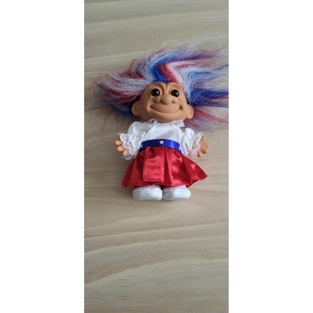 Vintage Patriotic Troll Doll Red White Blue Hair Americana Outfit Collectible